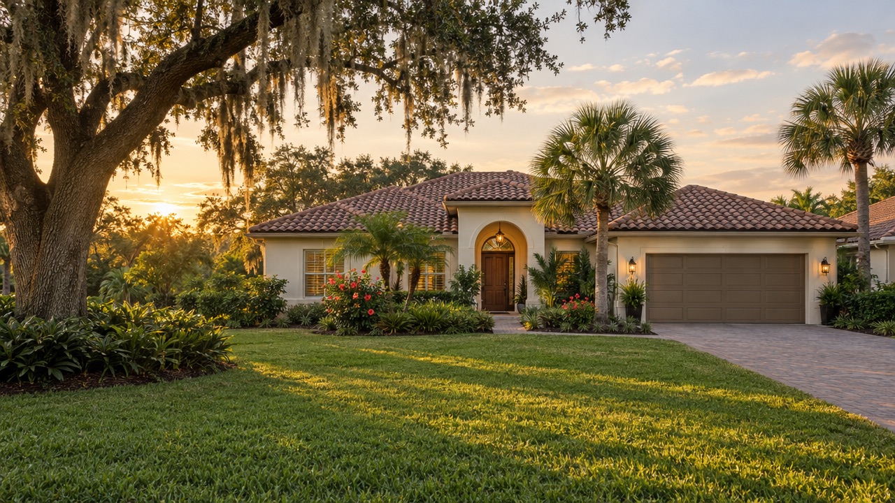 Single-story Florida home with a tile roof, palms, and a green lawn at golden hour