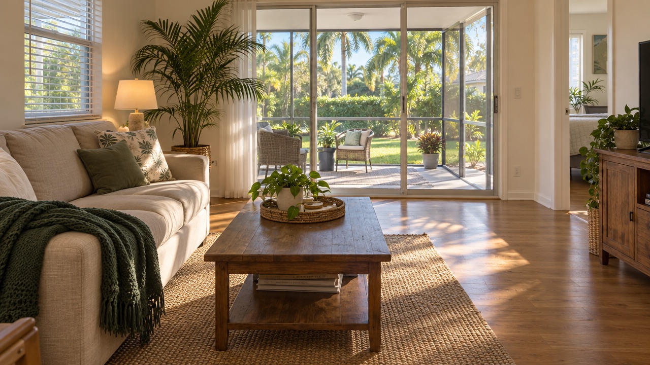 Sunlit living room opening onto a screened lanai